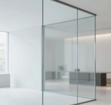 Modern minimalist interior featuring a large structural glass partition with subtle reflections. The composition is clean and airy, using tones of #F7F9FB and #5B6C7B to highlight the transparency and quality of the installation.
