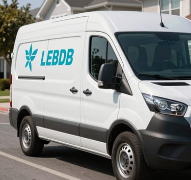 A modern, professional white mobile service van with clean teal blue branding parked on a typical North American residential street. The midday sun reflects off the polished glass windows, conveying a sense of reliability and modern efficiency. High-quality photography style.