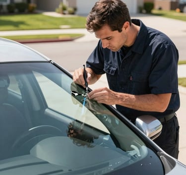 A sharp, professional photography shot of a technician in a clean dark navy uniform expertly repairing a small chip in a car windshield. The car is parked in a bright, sunny North American suburban driveway. The lighting is crisp, highlighting the perfectly clear glass. The mood is modern and efficient.