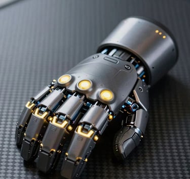 A close-up of a high-tech robotic gauntlet resting on a dark carbon fiber surface, yellow #FFFF00 light emanating from the joints, ultra-realistic textures.