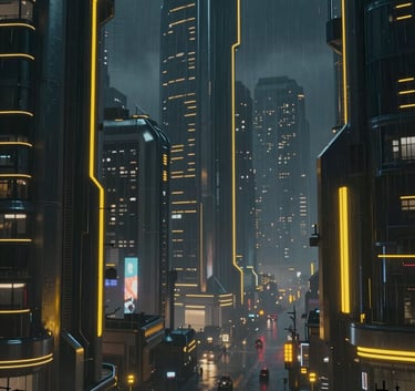 Cinematic wide shot of a dystopian cityscape at night, dark chrome structures, rain falling, with sharp yellow #FFFF00 neon highlights, ultra-modern AAA game aesthetic.