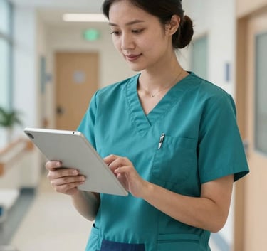 A healthcare administrator in professional attire working on a sleek tablet device in a bright, modern hospital hallway, North American / International setting, featuring corporate Teal and Dark Blue accents.