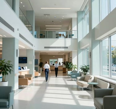 A bright and welcoming North American hospital lobby with modern architectural lines, featuring high ceilings and professional staff in the distance, bathed in natural sunlight and soft Pale Blue tones.