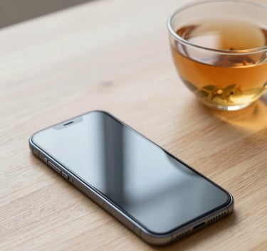 A minimalist and clean shot of a modern smartphone resting on a light wooden table next to a cup of herbal tea. The lighting is soft and natural, reflecting a calm morning atmosphere in a German apartment, conveying ease of use and accessibility.
