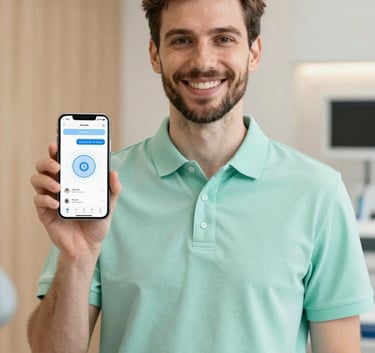 A professional Central European / German dentist in a light green polo shirt, smiling warmly, holding a sleek white smartphone showing a clear health interface. Bright airy background with soft wooden textures, illustrative and modern photography style.