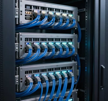 Photography of a clean, high-tech server room with neatly organized blue cables and glowing LEDs, symbolizing robust network infrastructure, sharp focus, professional lighting.