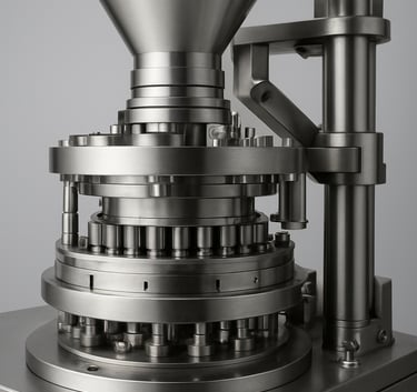 A detailed product shot of a high-speed pharmaceutical rotary tablet press, showcasing precision engineering, stainless steel components, and a clean industrial aesthetic, set against a light grey background.