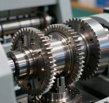 Macro photography of a high-precision mechanical component of a packaging machine, showing intricate gears and polished steel, bright and clear industrial lighting, North American workshop setting.