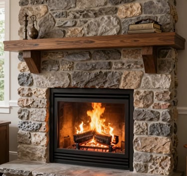 A beautifully maintained stone fireplace in a North American living room, showing a clean hearth and a glowing fire, symbolizing home safety and expert maintenance.