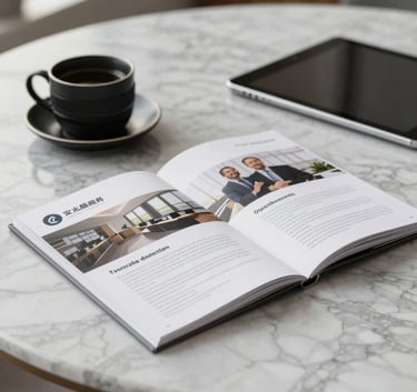 A professional real estate marketing brochure and a sleek tablet on a marble table in a North American high-end office setting, soft natural lighting.