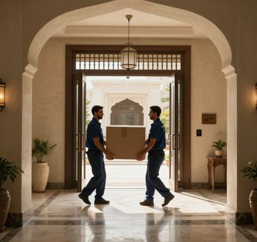 A wide-angle interior shot of a sunlit, modern Middle Eastern / Gulf villa entrance hall. Professional movers in neat medium dark blue uniforms are carefully carrying a high-quality box. The lighting is warm and natural.