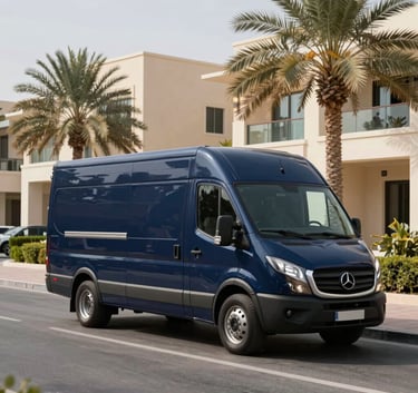 A clean, modern moving truck with professional navy blue accents parked on a paved road in a sophisticated Dubai residential neighborhood. Modern Middle Eastern / Gulf architecture and palm trees are visible in the background.