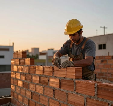 A skilled mason building a structural brick wall with expert precision during a sunset in a Brazilian urban development, warm lighting, professional atmosphere.