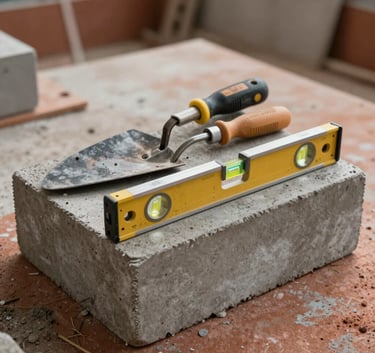 A professional set of masonry tools including a trowel and level, resting on a sturdy concrete block at a South American job site, soft morning light, terra cotta and cool gray tones.