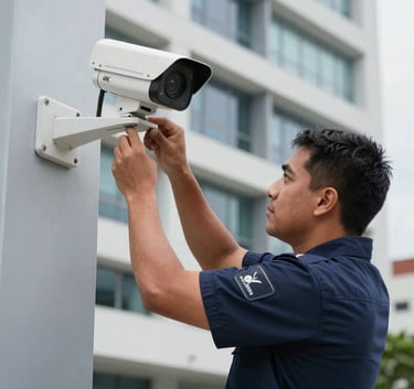 A professional security technician in a dark blue uniform installing a high-tech 4K surveillance camera on a modern corporate building in Puerto Morelos.