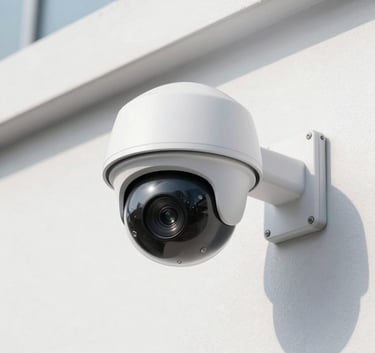 High-resolution photography of a sleek dome security camera mounted on an exterior white wall, bright daylight, professional aesthetic.