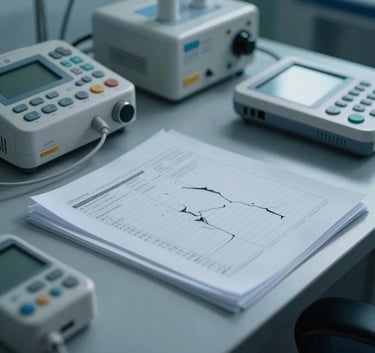A close-up of several disconnected medical devices and paper reports on a dark desk, representing fragmented data, in a moody North American clinical setting with cool steel blue lighting.