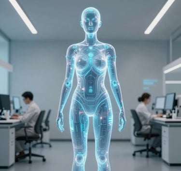 A sophisticated holographic human silhouette glowing with seafoam and steel blue light, symbolizing a digital twin, set in a minimalist North American health-tech research space with soft, professional lighting.