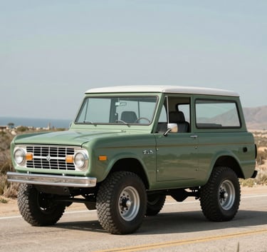 A profile shot of a 1966 Ford Bronco in sage green cruising along a dusty North American / US coastal highway, natural daylight, vintage cinematic style.