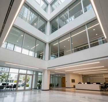 A professional wide-angle shot of a bright North American / US office building interior with modern designer lighting installations, showcasing clean and expert electrical work, daytime bright light.