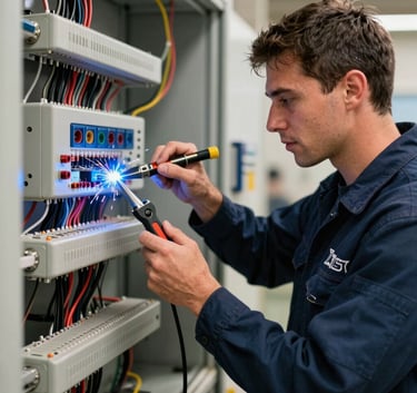 A high-action photograph of a North American / US electrician in a navy uniform working on a complex wiring system with tools, electric blue sparks subtly glowing in the background, professional and technical atmosphere.