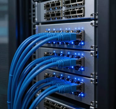 A detailed close-up of a professional server rack with structured blue networking cables and glowing blue LED indicator lights in a clean, high-tech environment.
