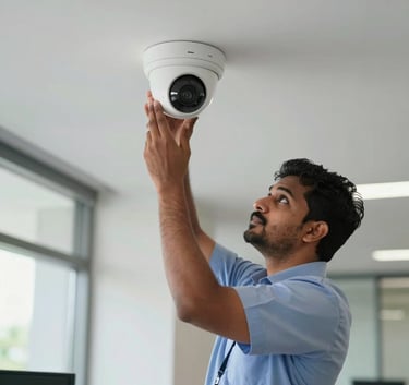 A professional South Asian technician in a smart uniform installing a high-tech white IP dome camera on the ceiling of a modern office building in Kerala. Bright natural light, professional atmosphere.