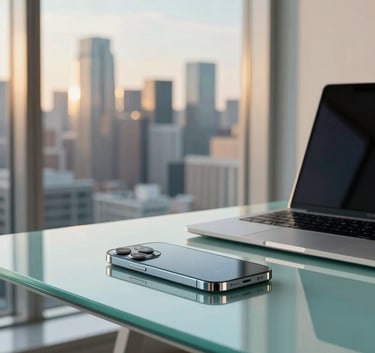 A high-end, contemporary workspace in a North American / US city with a view of a skyline. A sleek glass table holds a modern smartphone and laptop. The scene is lit with a warm afternoon glow, featuring pale aqua and sky blue highlights in the interior decor.