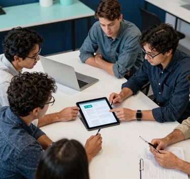 An overhead shot of a collaborative team meeting in a North American / US design studio. The team is reviewing app wireframes on a tablet. The color palette of the room features sophisticated deep blue wall panels and pale aqua stationery.
