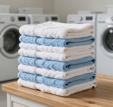 A tall stack of neatly folded white and light blue towels sitting on a clean wooden surface, North American / US residential laundry area, bright and airy lighting.