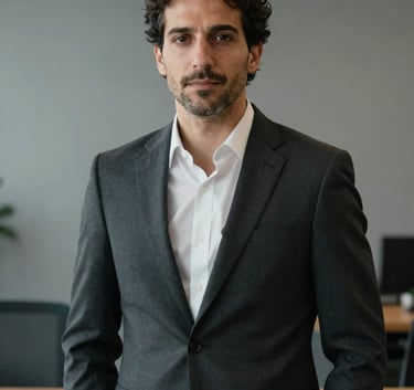 A professional portrait of a person in business attire in a modern Spanish / Iberian office setting, neutral slate gray background, soft lighting.