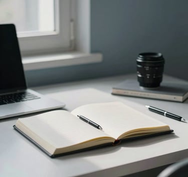 A clean and minimalist Spanish / Iberian workspace with a desk, notebook, and soft natural light from a window, muted blue-gray palette.
