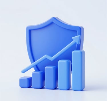 A clean, minimalist 3D rendering of a secure financial shield icon next to a rising bar chart, incorporating brand colors #0A2A44 and #2E6DA8 on a soft #E8F4FB background. The style is modern, professional, and suggests growth and safety.