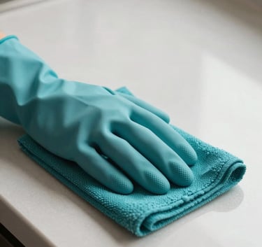 A close-up shot of a polished soft off-white kitchen countertop. A pair of cleaning gloves and a deep teal cloth are visible, symbolizing thorough work.