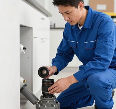 A professional service technician in a medium blue uniform inspecting a residential drainage system, Central European residential environment, bright and clean photography.