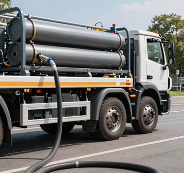 Industrial high-pressure flushing vehicle parked on a clean German street, focus on the specialized cleaning equipment and hoses, bright daylight.