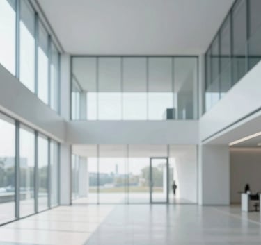 A wide, minimalist shot of a modern architectural space with glass and steel, symbolizing transparency and structural integrity. Bright, natural lighting. Palette features #F8F8F8 and #D4DCE4 with subtle #1A3E6F shadows.