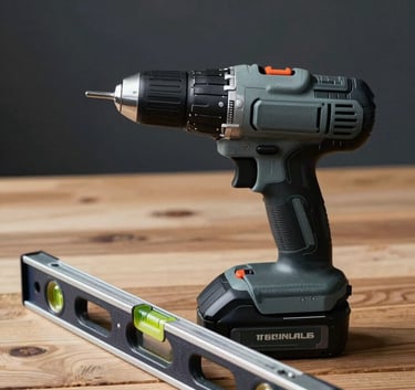 Still life photography of a professional tool kit including a cordless drill and level on a clean wooden surface, dark charcoal and cool grey tones, professional studio lighting.