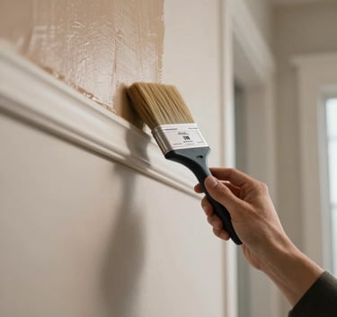 Photography of a professional's hand using a brush on a wall edge with tan paint, crisp off-white trim, sharp focus, modern North American residential interior.