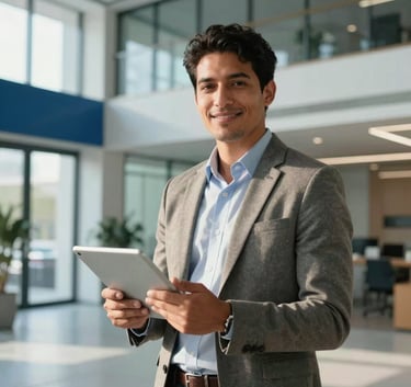 A portrait of a confident South American professional holding a tablet in a high-tech office lobby. Soft sunlight illuminates the space. The background features glass walls and steel blue architectural details. The person is dressed in modern business casual attire, smiling at the camera, exuding trustworthiness and success.