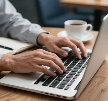 Close-up of a person's hands efficiently working on a sleek laptop keyboard in a modern Brazilian workspace. A clean notebook and a cup of coffee sit nearby on a wooden desk. Soft bokeh background with light grey and deep navy tones, emphasizing a focused and professional learning environment.