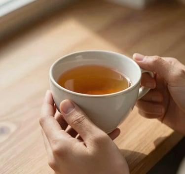 Close up of a person's hands holding a warm ceramic cup of tea in a sunlit interior in France, soft textures, calming atmosphere with natural lighting.