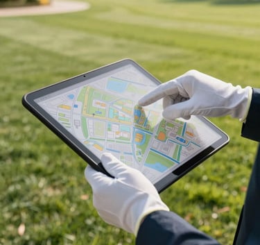 A faceless close-up of professional gloved hands reviewing a detailed site map or tablet over a manicured facility lawn, North American landscape, sharp focus, morning sunlight.