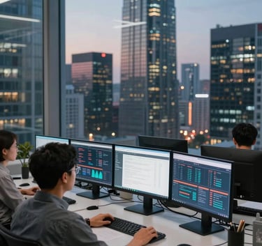 Photography of a high-rise city office at twilight, showing a sleek workstation with multiple monitors displaying marketing data, professional atmosphere, Global / English-speaking audience.