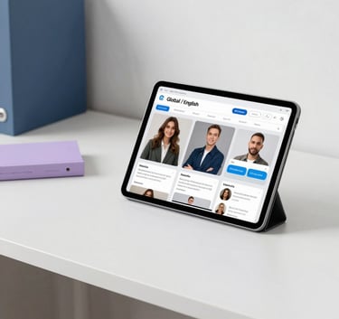 A bright and airy studio space featuring a clean desk with a tablet displaying social media analytics, indigo and soft lavender accents, Global / English-speaking audience.