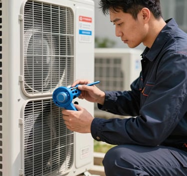 A professional HVAC technician wearing a dark navy uniform inspecting a modern outdoor condenser unit, bright daylight, steel blue tools visible, high-end commercial photography.