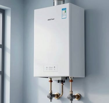 A sleek, white wall-mounted gas boiler installed in a clean, modern utility room with light blue accents and professional lighting.