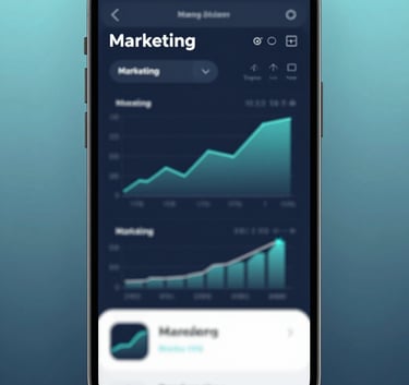 A sleek, cutting-edge dashboard displaying real-time marketing analytics and growth charts on a mobile device, set against a professional background with subtle #8DAABF highlights.