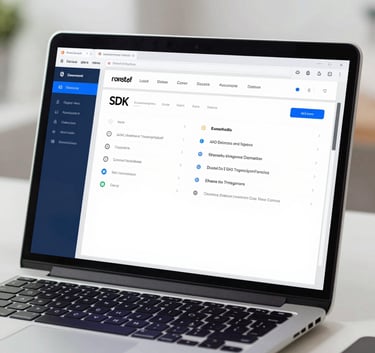 A modern workspace showing a laptop screen with a complex but clean SDK integration interface, emphasizing ease of use and professional efficiency, with #3A6B8F blue tones.