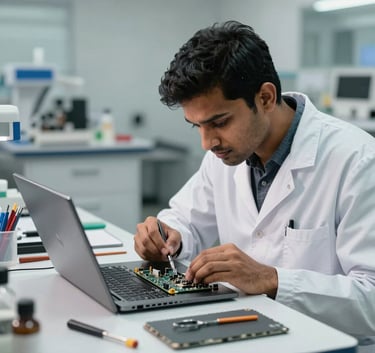 A South Asian technician in a professional lab coat carefully repairing a high-end laptop motherboard. The workspace is clean and organized, featuring slate grey tools and bright, tech-forward lighting.